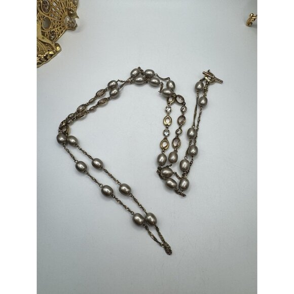 Vintage Yellow Gold Filled Bezel Set Clear Crystals Faux Pearl Necklace Monet - Picture 8 of 9